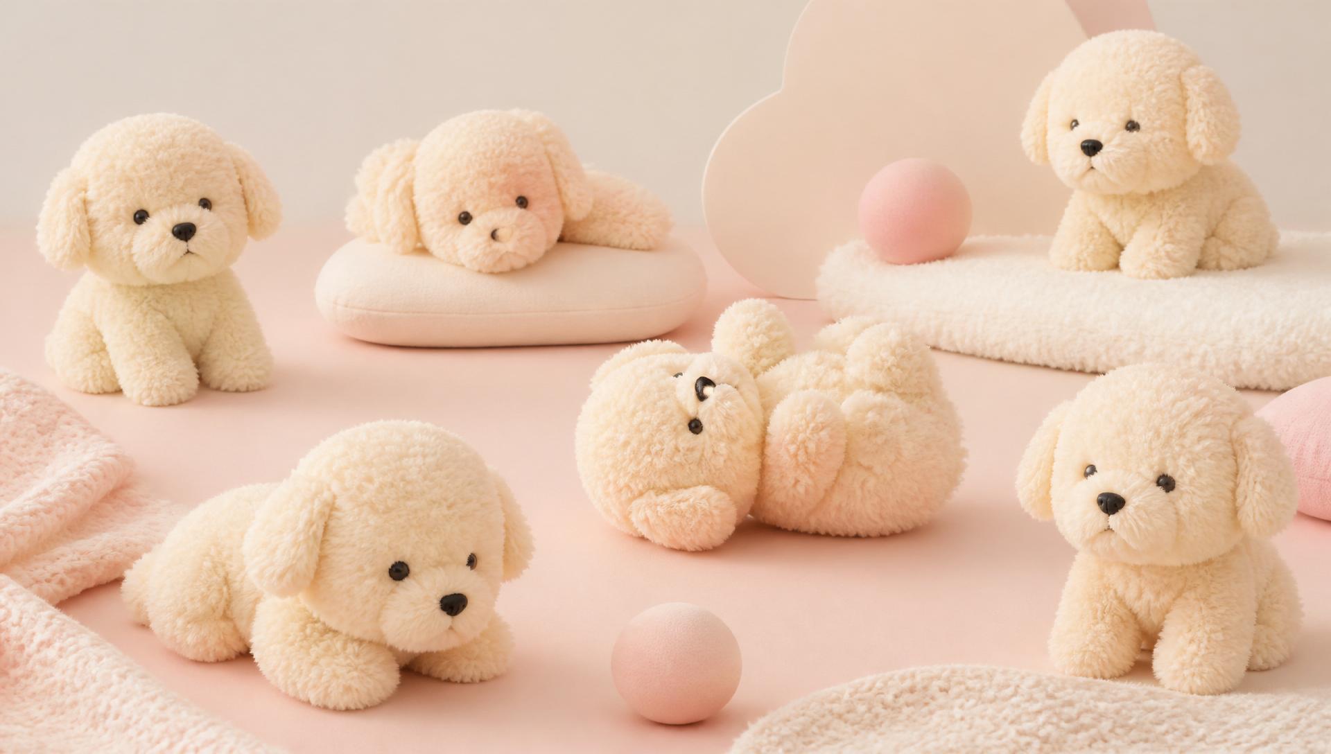 Plush cream puppy toys arranged on a pastel background