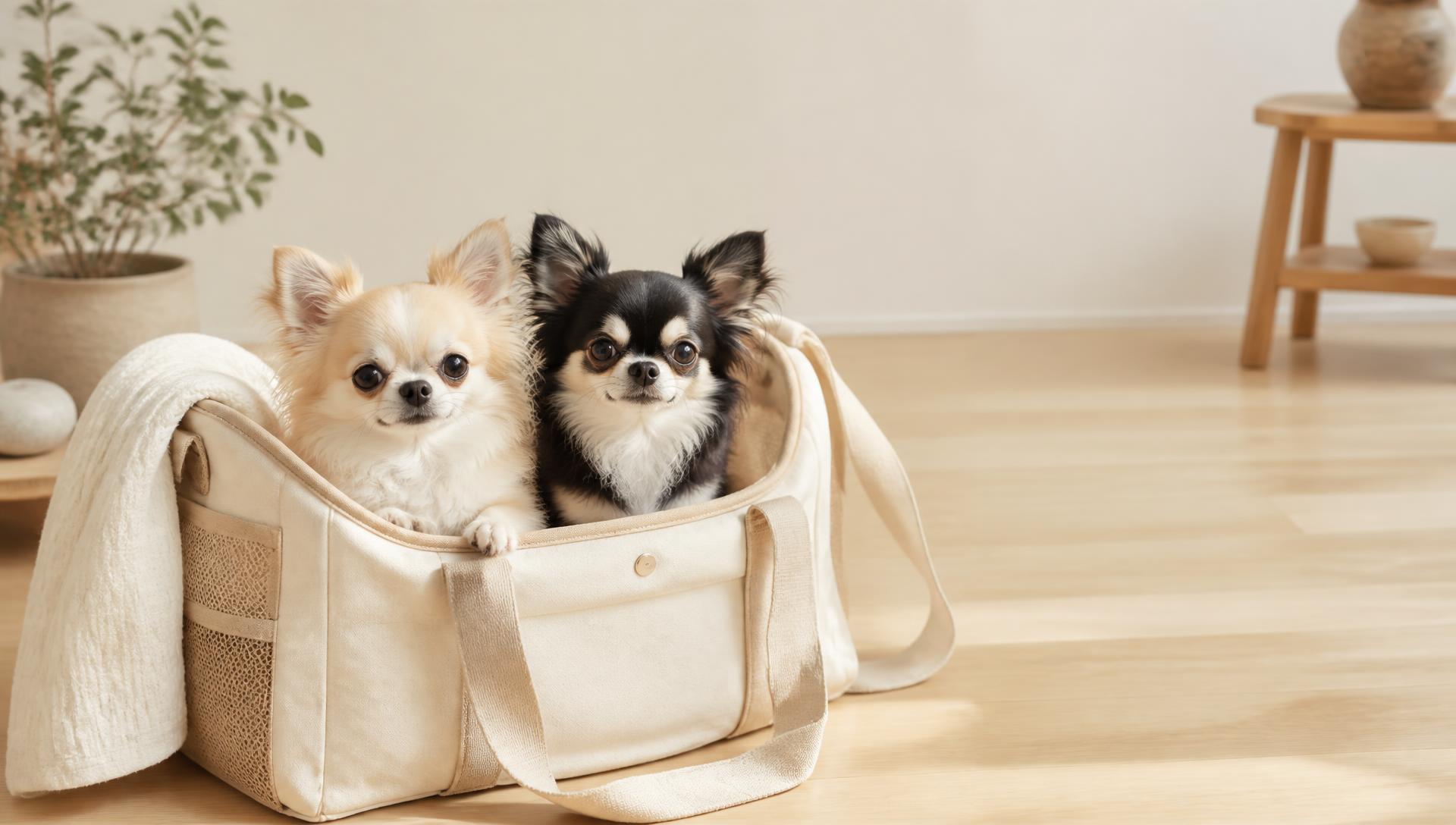 Two chihuahuas in a cream canvas pet carrier