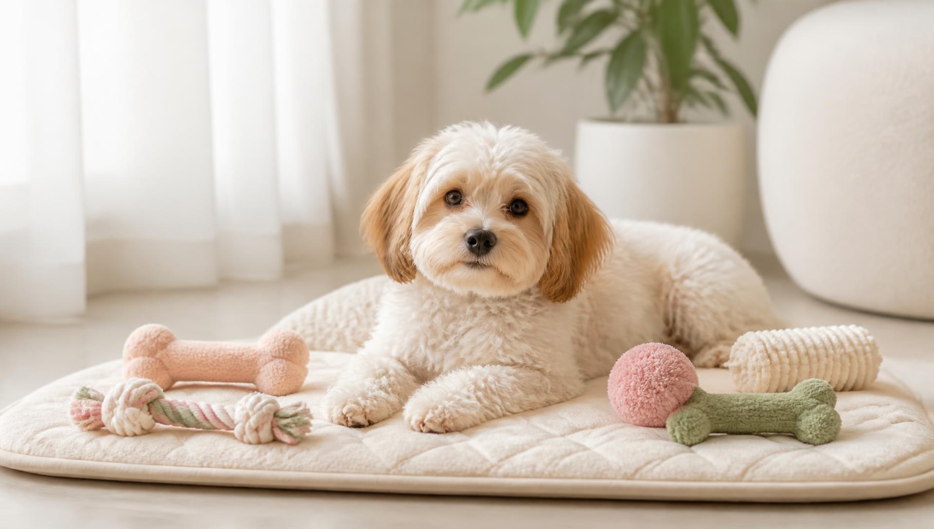 A fluffy dog resting on a cream mat with pastel toys